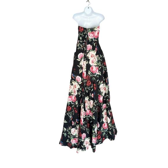 Sherri Hill Formal Gown Size 14 Black Red Floral Strapless High-Low Train - Picture 7 of 12